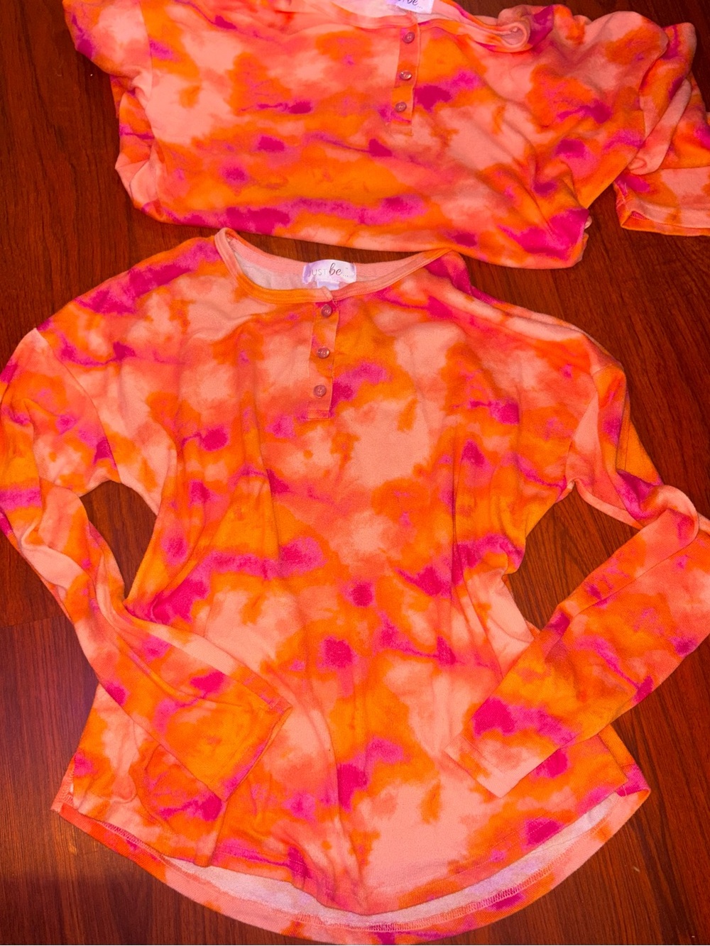 Long Sleeve Tie-Dye Henley in Orange & Pink